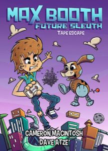 Cartoon style book cover of boy holding cassette tape and robot dog, high over city buildings.