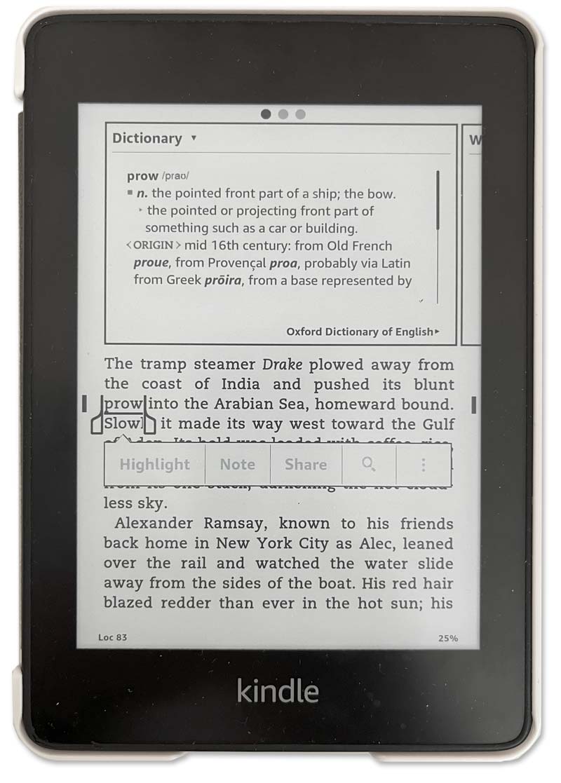 Close up of Kindle e-Reader displaying dictionary look up of word, prow