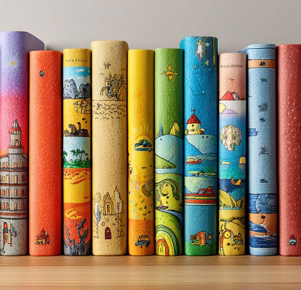 Row of colorful children's chapter books on a wooden shelf