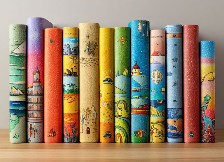 Row of colorful children's chapter books on a wooden shelf