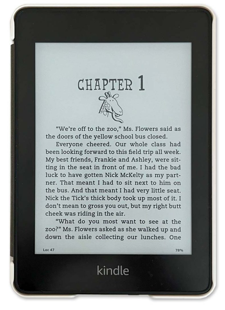 Close up of Kindle e-reader showing e-ink display with black text on matte white, low-glare screen produces less eye strain in struggling readers.