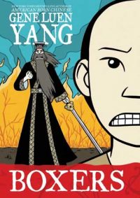 Book cover in graphic novel / cartoon manga style showing half a face grimacing and cloaked figure in black with sword.