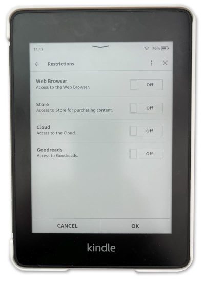 Kindle settings showing how parental controls can minimize distractions and provide help for struggling readers.
