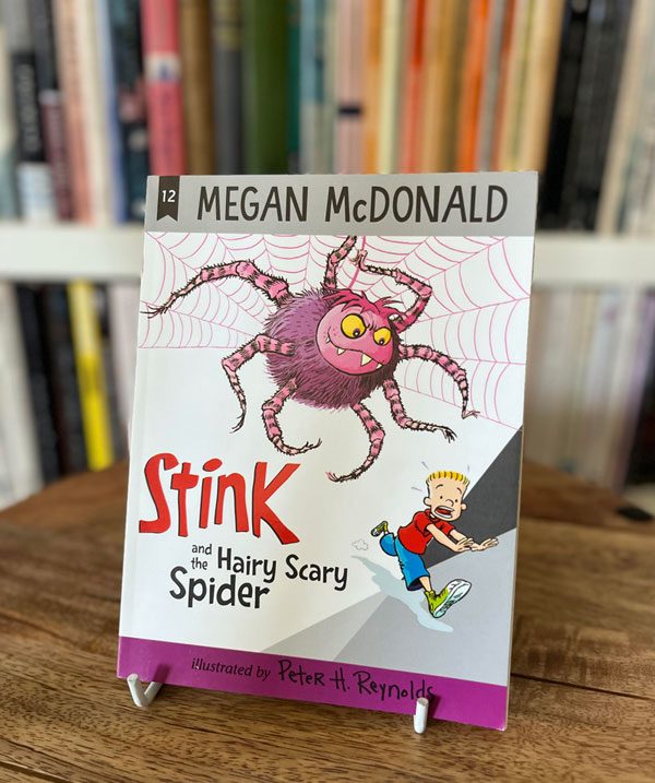 Stink series book by Judy Moody displayed on plate stand.