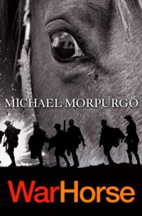 Book cover showing close up of left eye and face of a horse, overlaid with silhouette of soldiers.