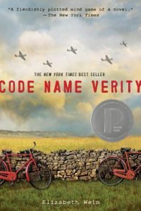 Book cover with war planes over field, red bikes leaning on stone fence in foreground.